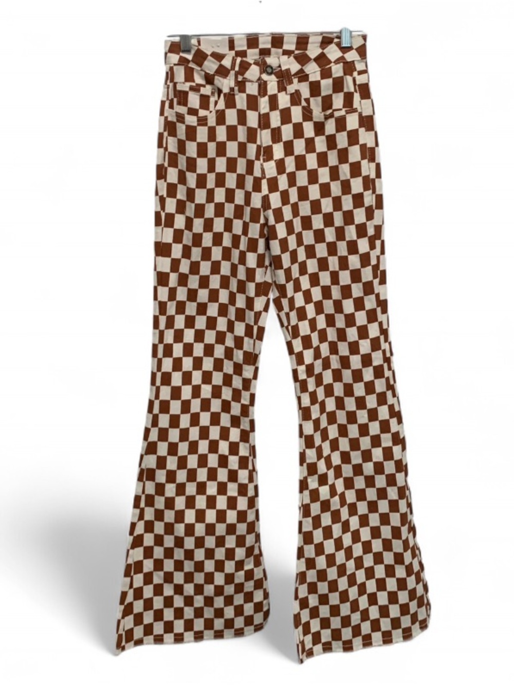 NWT Fashion Light Brown White Checkerboard Flare Bell Bottom Jeans